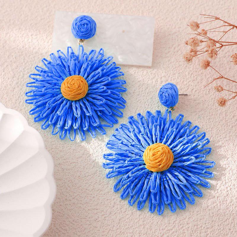 Серьги «Подсолнухи» с ощущением высокого класса, серьги из плетеной рафии ручной работы, модные аксессуары