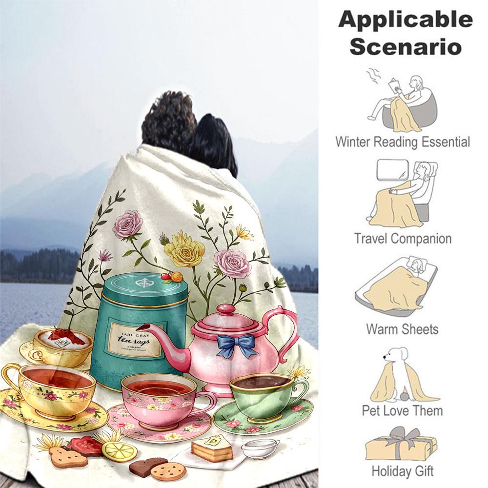 1pc Tea Time Tea Party Outdoor Flannel Blanket Soft Warm All-Season Throw for Sofa Bed Car Camping Office, Cozy Gift Idea1282S