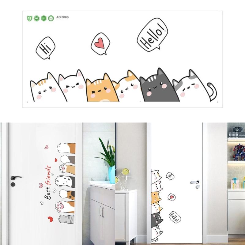 Мультяшный котенок, наклейка на дверь для укладки, для детской комнаты, декор для детской, легко наносится, съемная ПВХ наклейка, украшение для стен
