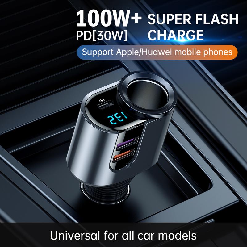 200W Car Charger Fast Charging Voltage Display USB 100W PD 30W 4 in 1 Dual 12V/24V Cigarette Lighter Splitter Power Adapter