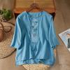 New Ethnic Style Retro Ramie Shirt Women's Summer Round Neck Short-sleeved Top Diagonal Embroidered Tea Clothes