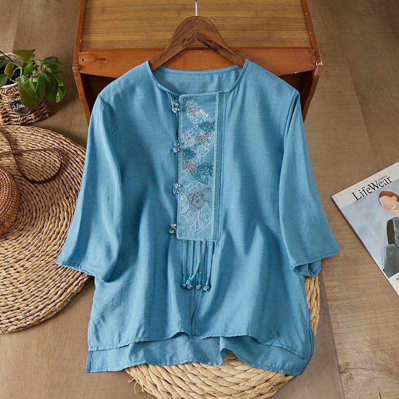 New Ethnic Style Retro Ramie Shirt Women's Summer Round Neck Short-sleeved Top Diagonal Embroidered Tea Clothes