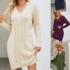Women's Autumn and Winter Long Sleeve V-Neck Solid Loose Elegant Versatile Slim Comfortable Commutess Cable Knit Bottoming Dress