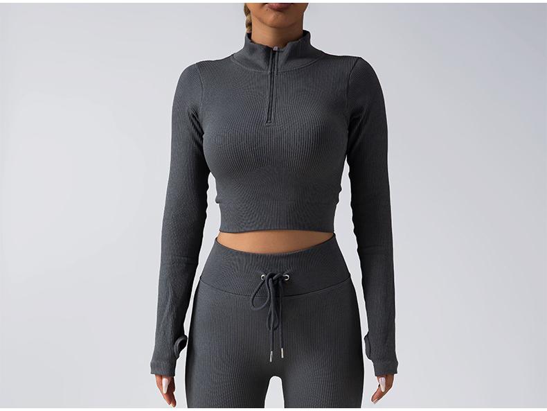 Women's Seamless Fitness Yoga Set: Zipper Long-Sleeve Top & Drawstring Hip-Lifting Trousers