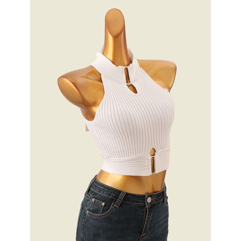 B Style Summer Series Metal Ring Knitting Vest Narrow Shoulder Hollow-out Short Halter Spaghetti Straps Vest