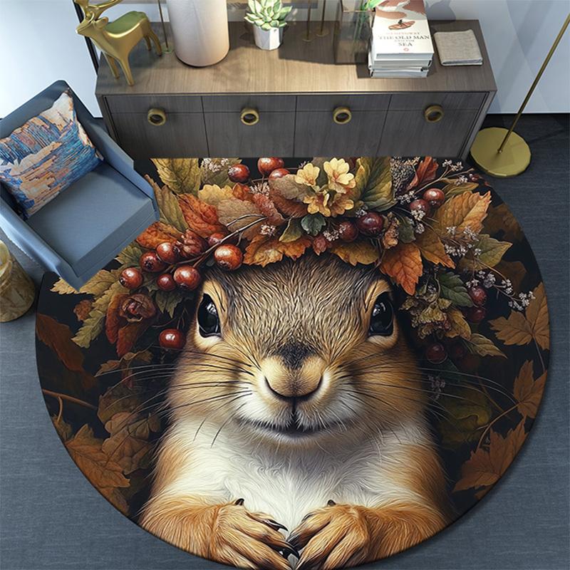 Autumn Squirrel Round Area Rug,Carpet Rug for Living Room Bedroom Sofa Playroom Decor,Non-slip Floor Mat