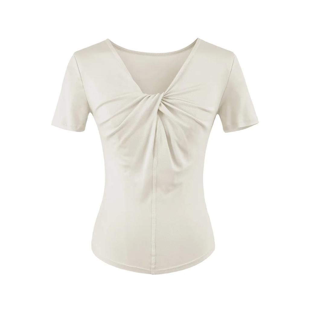 V-neck kink short-sleeved T-shirt women's summer new American Spice Girl solid color slim-fitting front shoulder bottoming top