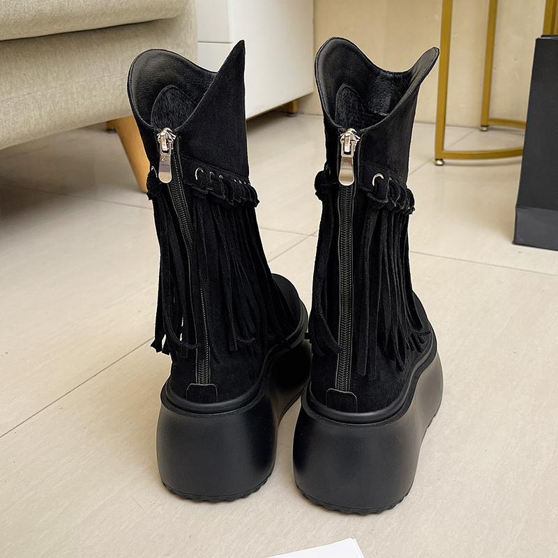 Модные женские туфли на высоком каблуке с кисточками, 8 см, толстая платформа, ботинки до середины икры, кожаные массивные туфли, женские осенне-зимние мотоциклетные ботинки, боты
