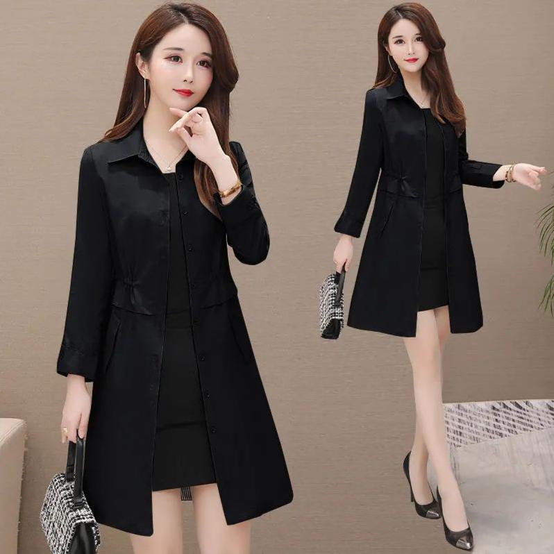 Women's Windbreaker Mid-length Spring and Autumn Solid Color Korean Version Slim Waist Tightening Large Size Slim Coat