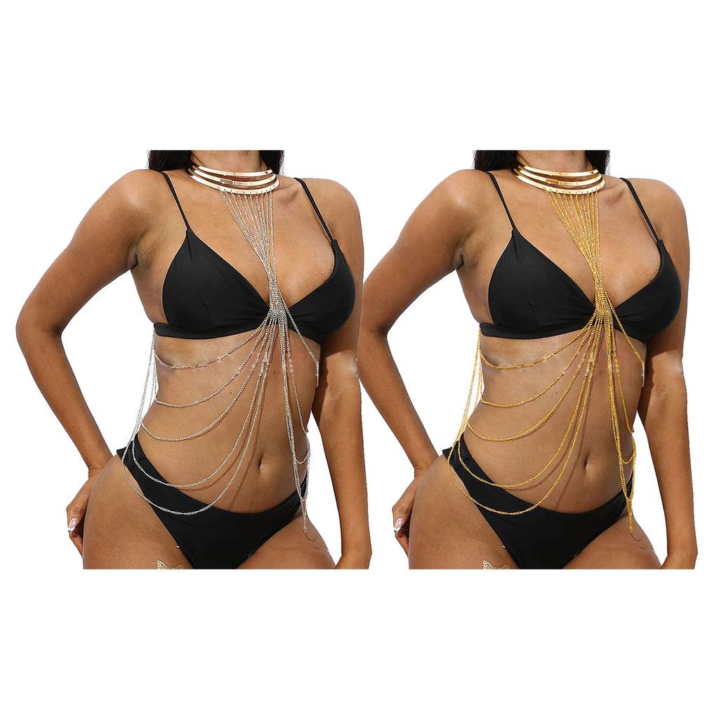 Сексуальная многослойная цепочка на шею, роскошное ожерелье, винтажные кисточки, воротник, ювелирные изделия, элегантная перекрестная цепочка на плечо, цепочка на тело