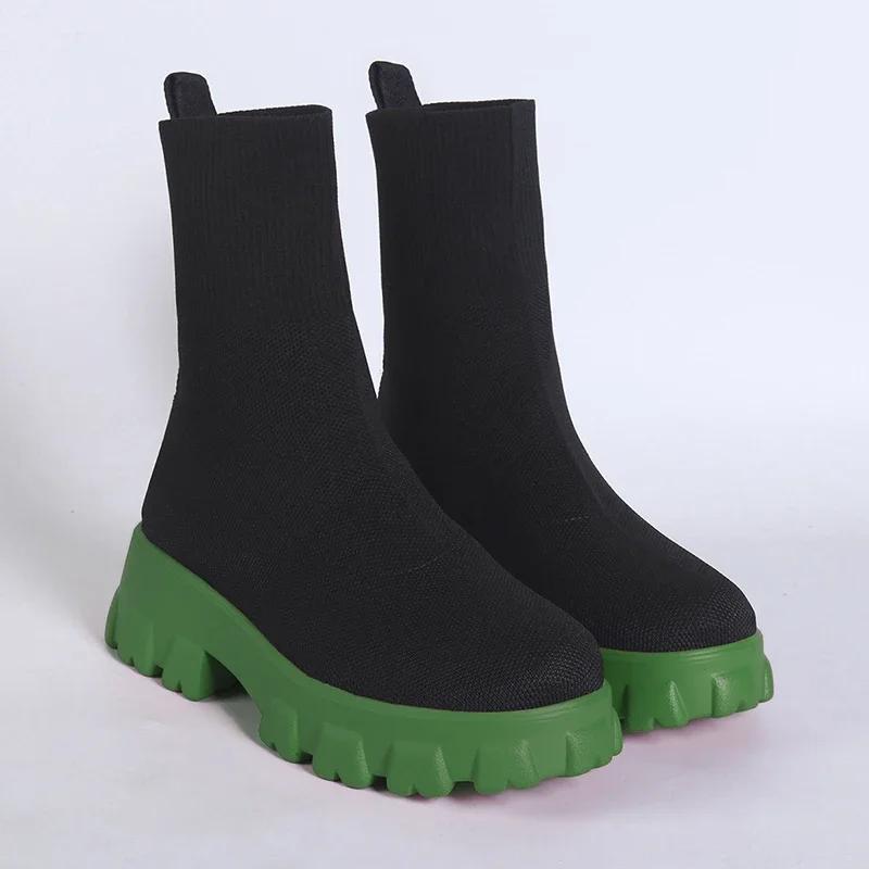 Spring Autumn New Women's Mid Calf Hoof Heels Sock Boots Slip On Round Toe Shoes for Women Ladies Breathable Platform Boots