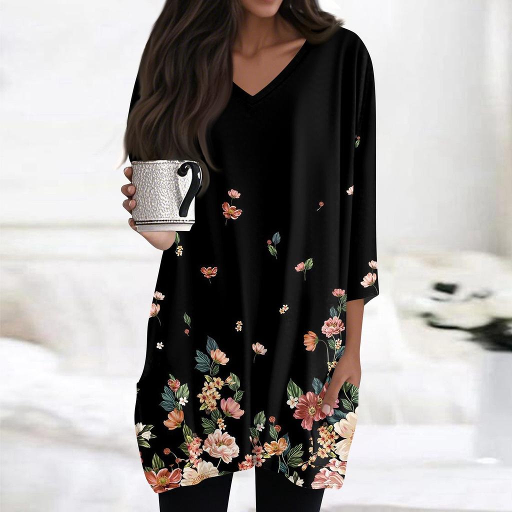 Womens Tops V-neck 3/4 Sleeve Blouses Casual Mid-length Shirts Fashion Print Tunic Tops With Pockets