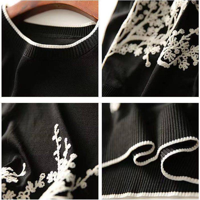 Женская вышитая футболка с короткими рукавами из ледяного шелка, летняя, новая, стильная, с круглым вырезом, тонкая футболка