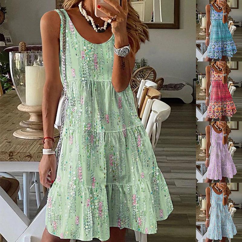 Women's Spring and Summer Casual Fashion Floral Print Loose Round Neck Sleeveless Bobbin Mid-length Dresses