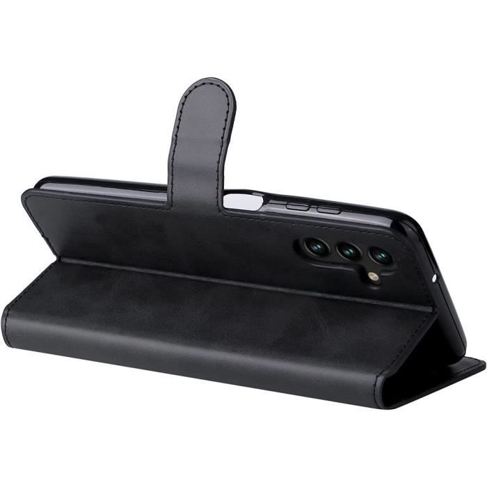 Coque Portefeuille - Effect Cuir - pour Samsung A04s - Noir - 2 Verres Trempés - Fermeture Magnétique