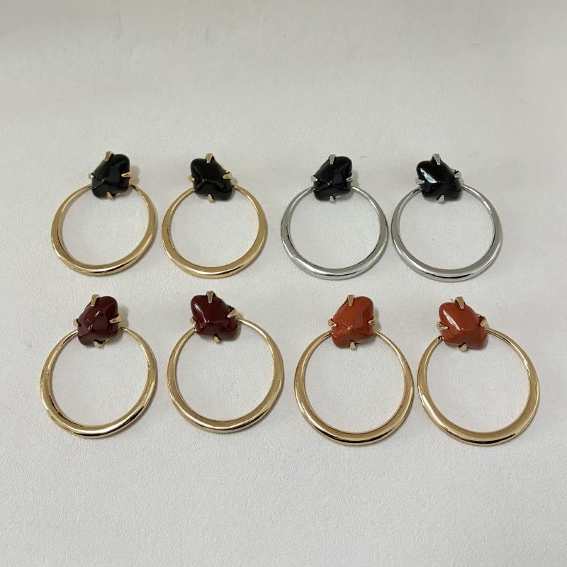 Retro Exaggerated Circular Earrings Set With Irregular Resin Gemstones Simple Earrings Fashionable Ladies' Jewelry Accessories