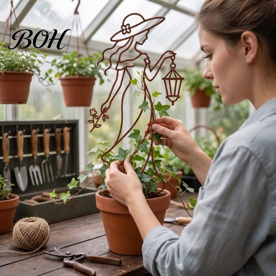 Backyard Art Ornaments 11.8 Inch Plant Trellis for Climbing Plants, Elegant Lady Metal Decorative Yard Signs Garden Trellis, Flower Support