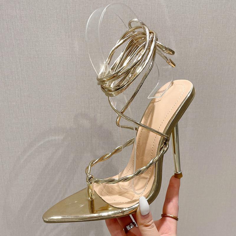 Женские модные сандалии-гладиаторы на каблуке с ремешками, сексуальные свадебные туфли с острым носком и узкой полосой на шпильке, вечерние свадебные туфли красного цвета