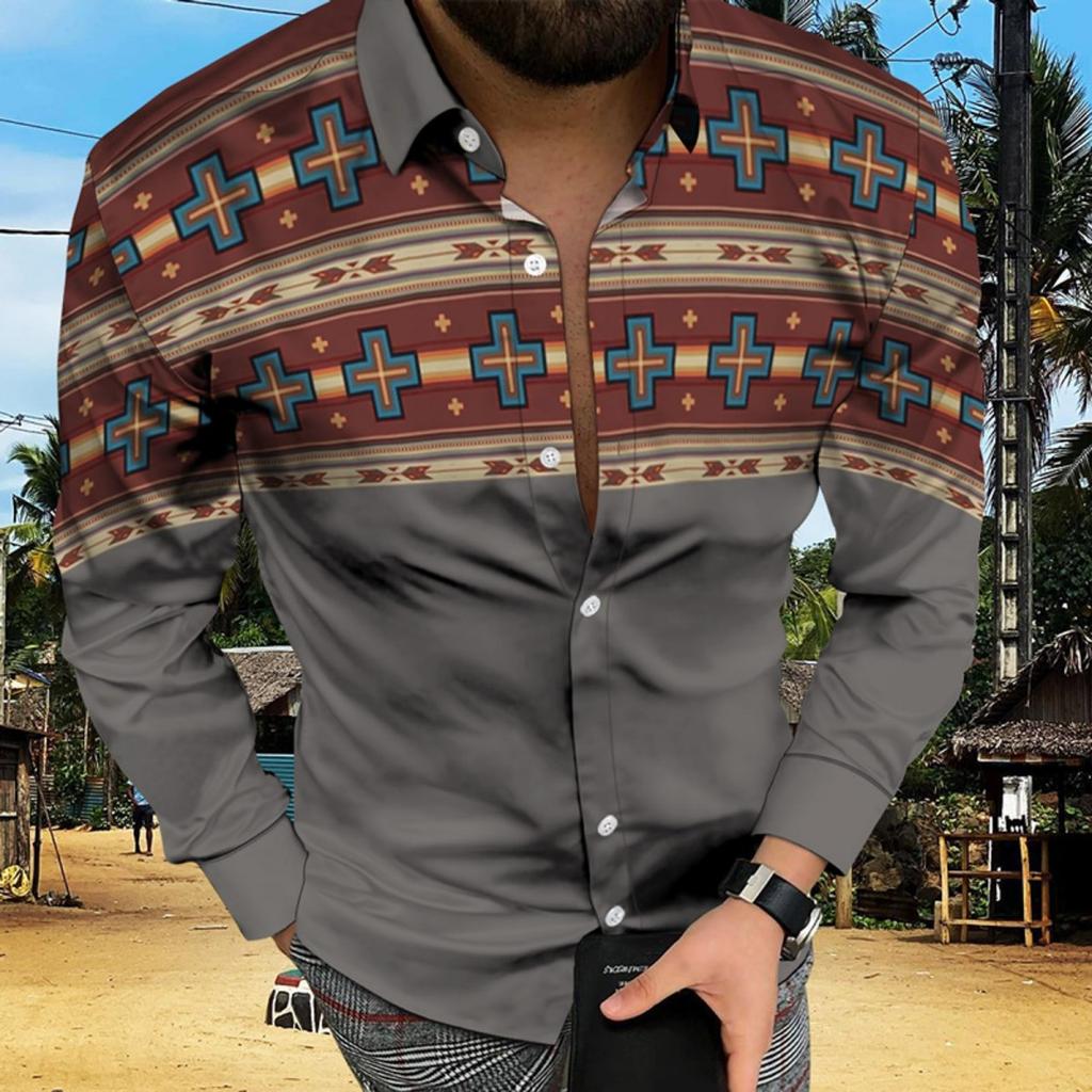 Ethnic Tribal Pattern Long Sleeve Shirt, Stylish Casual Button-Down For Men