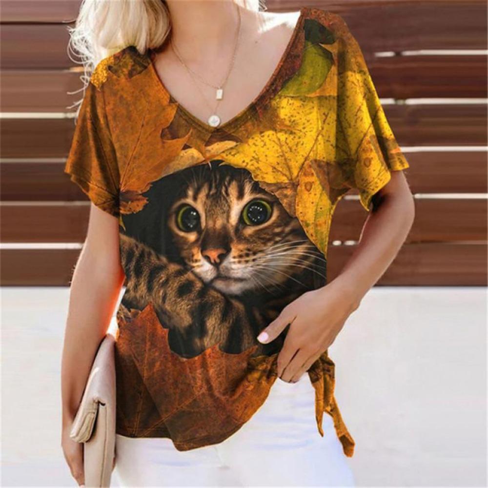 Летние милые футболки с 3D-принтом кошек, женские повседневные футболки с V-образным вырезом и коротким рукавом, Y2k, харадзюку, футболки с животными, свободные топы, женская одежда