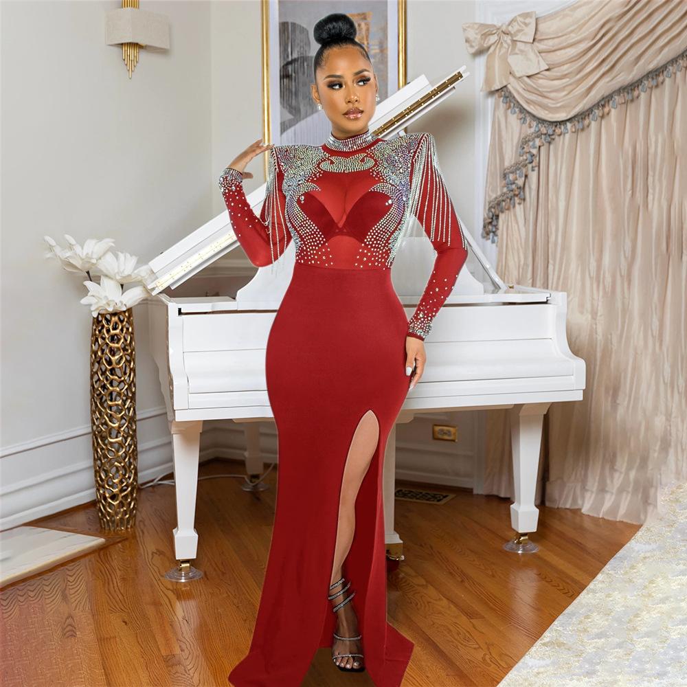 CY901118 European and American women's clothing new sexy perspective mesh hot diamond slim split dress