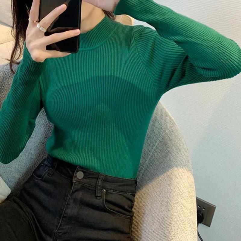 Осень-зима, пуловер большого размера с полувысоким воротником, свитер, женский топ с длинными рукавами, облегающий трикотажные пуловеры