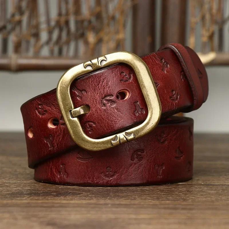 3.8CM Pure Cowhide High Quality Genuine Leather Belts for Men Embossing Strap Male Copper Buckle Luxury Designer Jeans Cowboy
