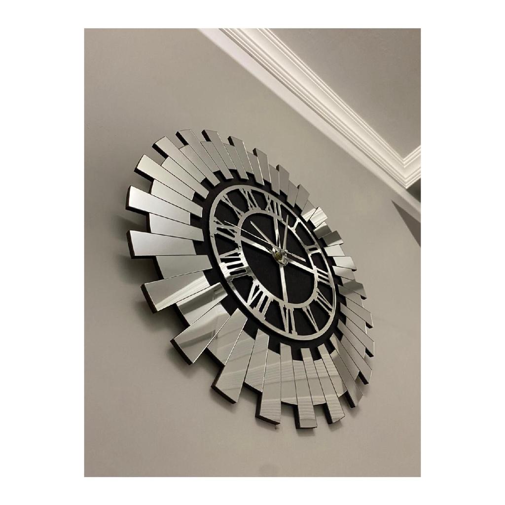 Small Decorative Wall Clock 35x35 Cm Stylish Turkish Numerals Black Mdf With Silver Mirrored Plexiglass