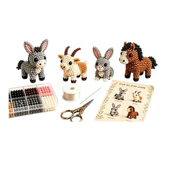Fun Craft Activity Tiny 3D Beaded Animal Kit, Cute DIY Beading Kit with Colorful Beads and For Beginners Instructions, 4 Designs Handmade Jewelry Art