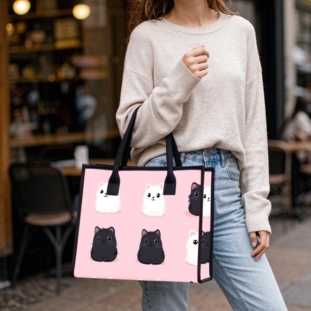 Cute Cat Print Women Tote Bag Fashion Casual Daily Shopping Handbag Portable Lightweight Ladies Shoulder Purse