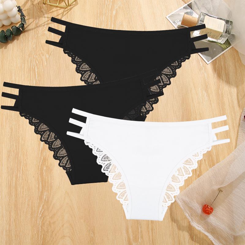 3Pcs Sexy Lady Style Transparent Lace Underwear Women's Straps Panties Seamless Perspective Briefs Low Waisted Triangle Pants
