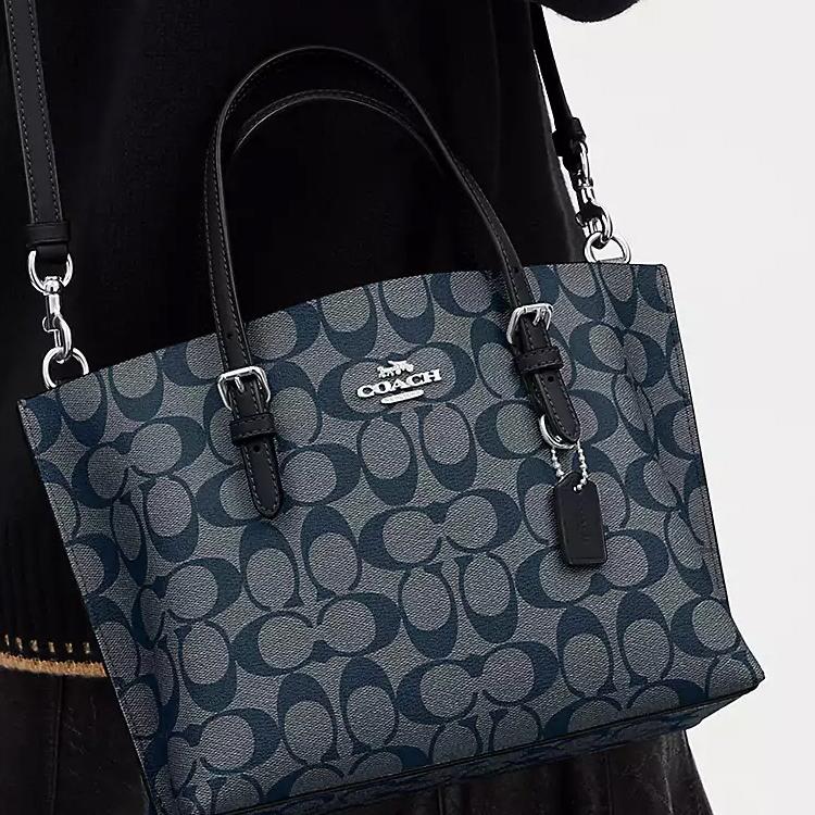 Coach Mollie Classic Monogram Сумка-тоут на молнии из покрытого холста и кожи Женская сумка-тоут Серебристый Темно-синий C4250-SVN2V