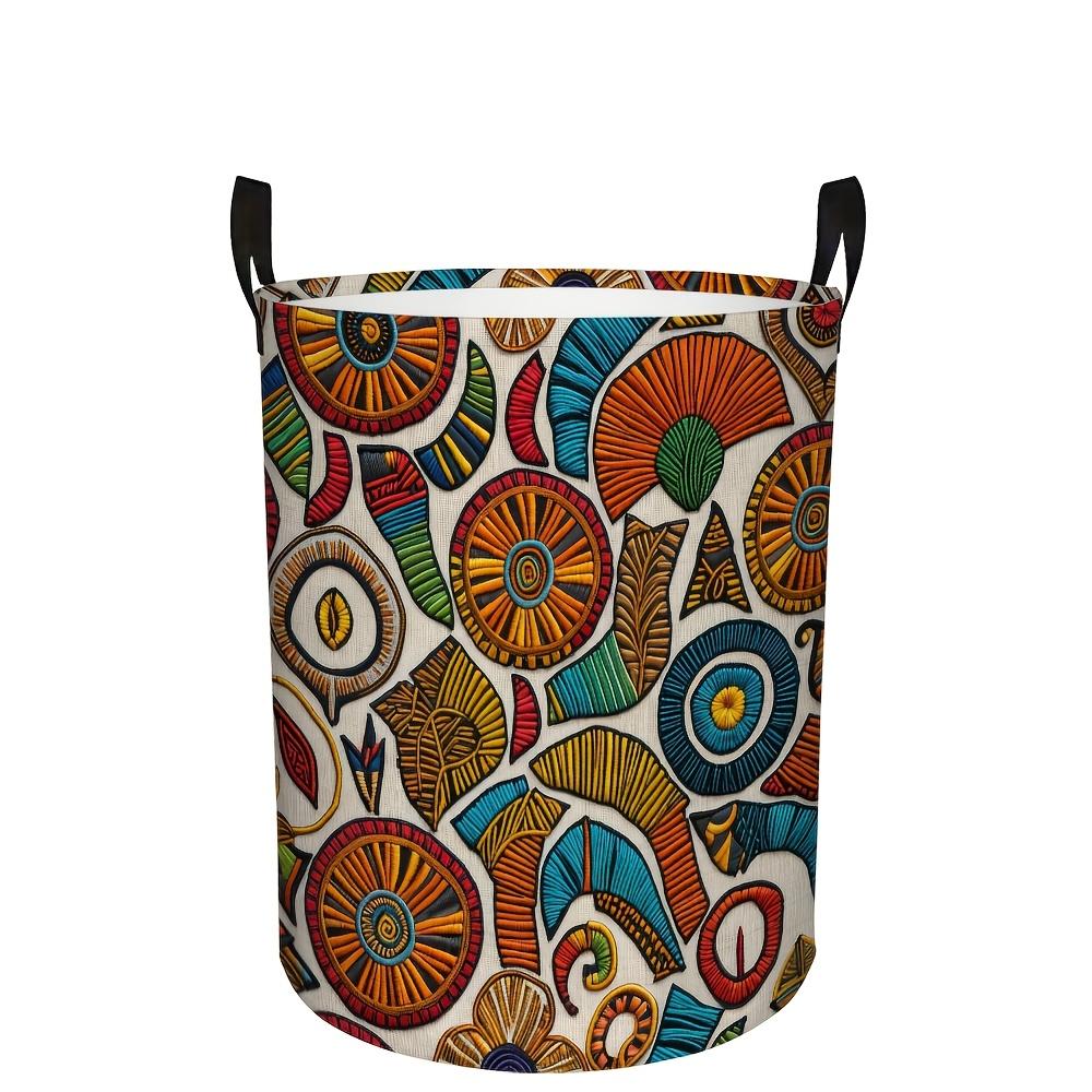 1pc Dokriy Large-Capacity Storage Basket with Ethnic Geometric Round & Portable Handle - Canvas Suitable for Clothes,, Books, Laundry,, Room, Multi-Pu