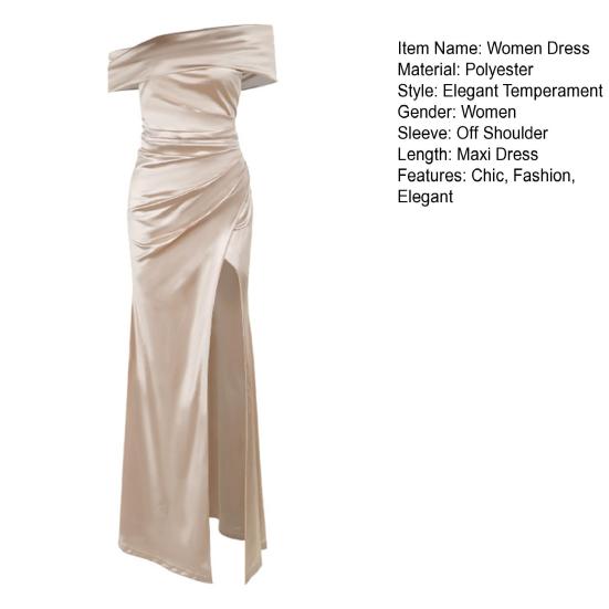 Prom Dress for Women Off Shoulder Satin Evening Party Formal Gown High Slit Cocktail Wedding Guest Maxi Dress