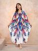 Bohemian Printed Hand-knit V Neck Batwing Sleeve Plus Size Kaftan Loose House Dress 2024 Summer Beachwear Bathing Suit Cover Up Q1588