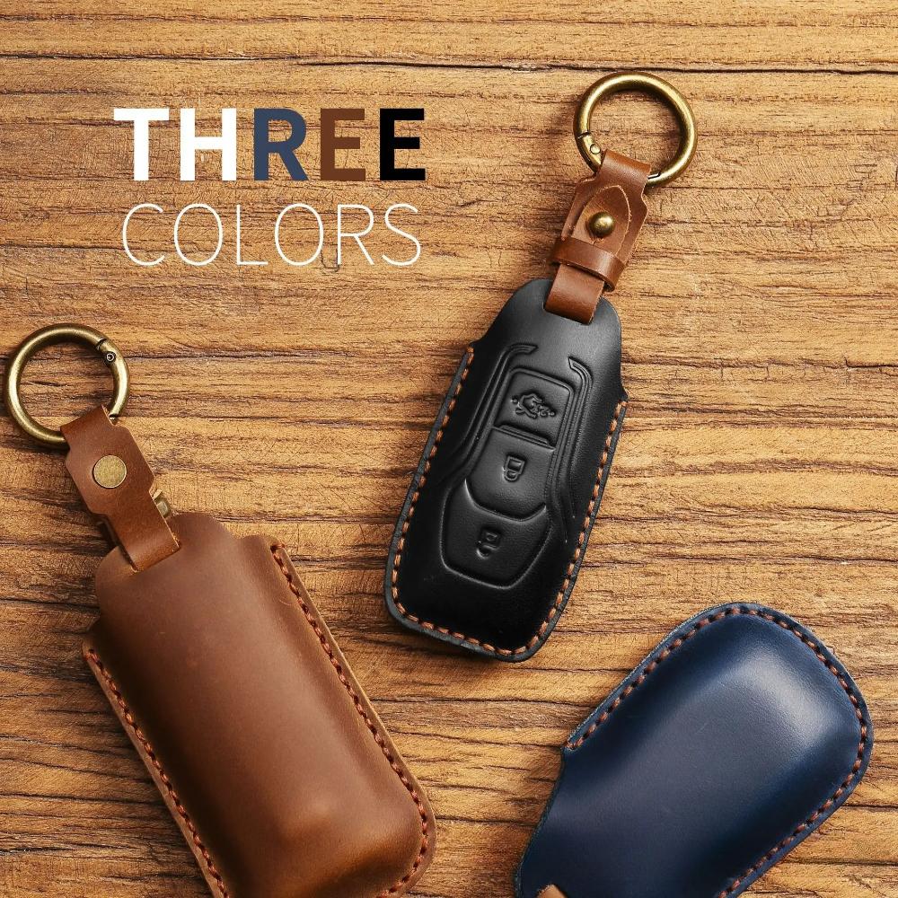 Car Key Case, Leather Key Fob Cover for Ford Kuga Fiesta Focus Mondeo Ecosport & More, with Metal Ring