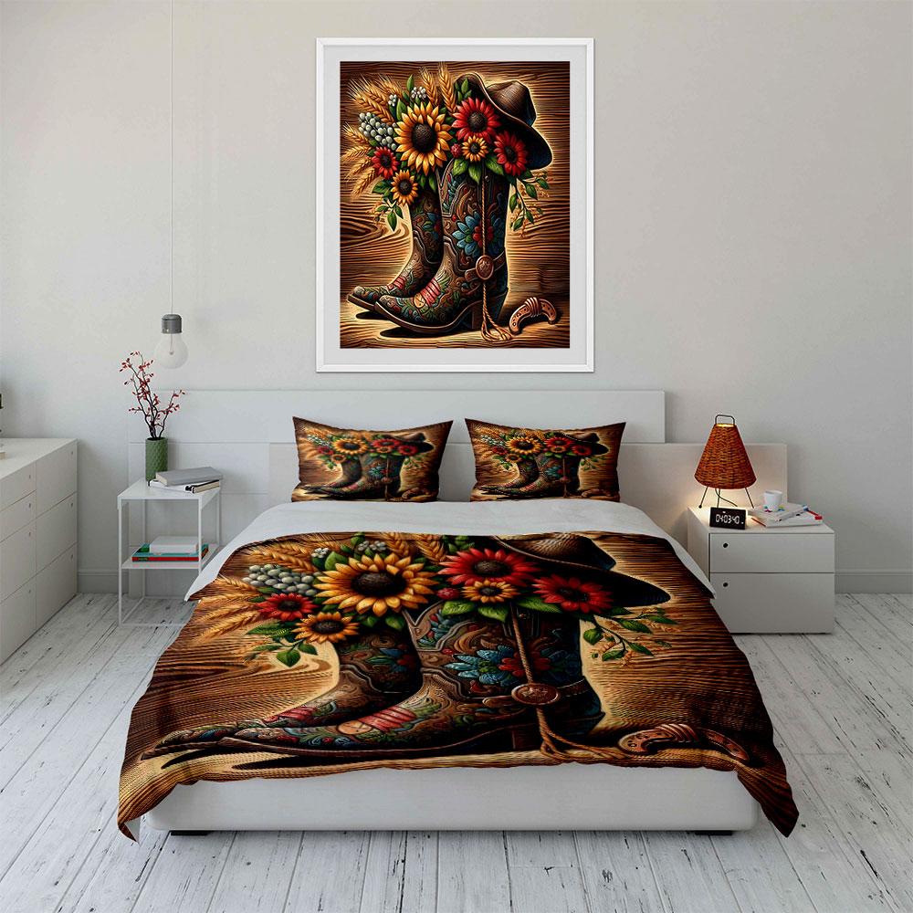 Western Boots with Sunflowers Bedding Duvet Cover Set (1*Duvet Cover 2*Pillowcases, without duvet insert)