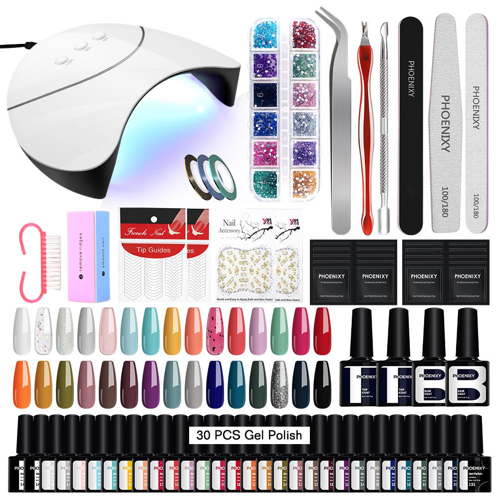 PHOENIXY Gel Nail Polish Starter Kit 36W UV LED Lamp Nail Dryer 30 Colors & Base Top Coat Set Manicure Tools Nail Art Designs Nail Salon