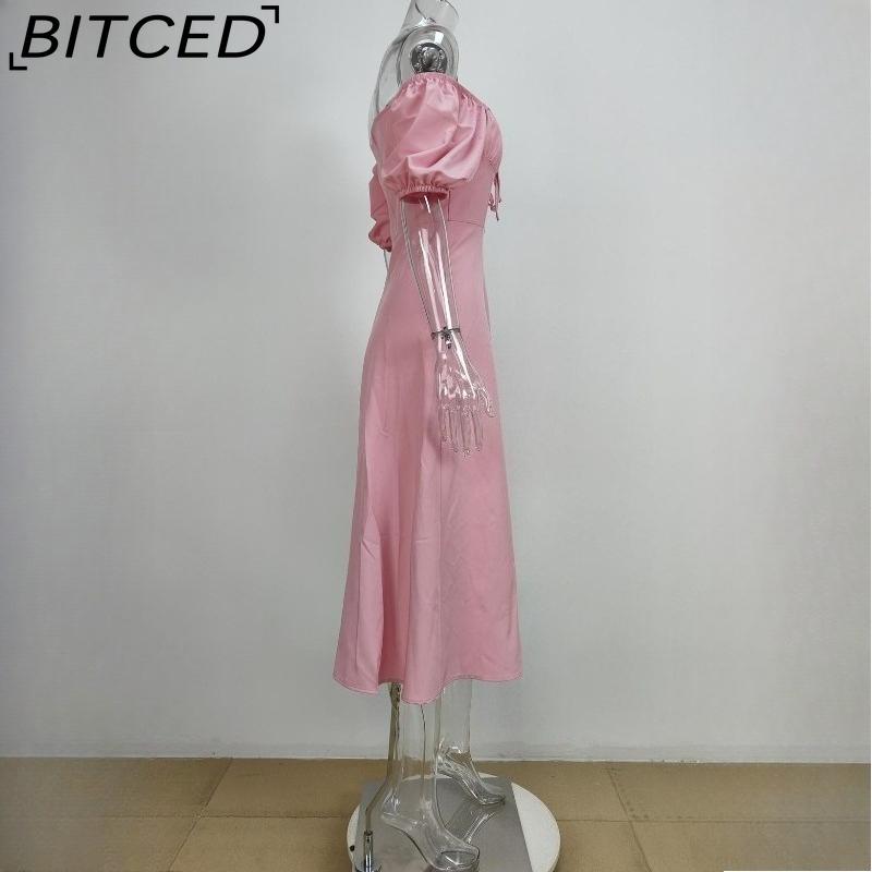 BITCED Весенне-летнее длинное платье женское повседневное с рукавами-буфами, завязкой на талии и разрезом