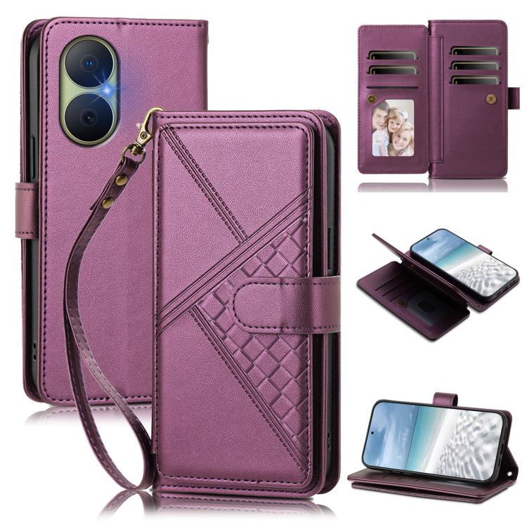 Embossed Secure Clasp 9-Card Slot Vegan Leather Phone Case with Wrist Strap
