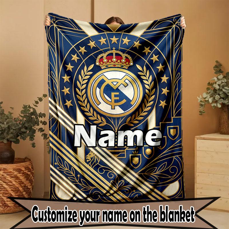 Custom Name Personalized Real Madrid Football Print Blanket, Home Decor, Bedroom, Sofa, Camping, Couch, Gifts for Birthday Christmas