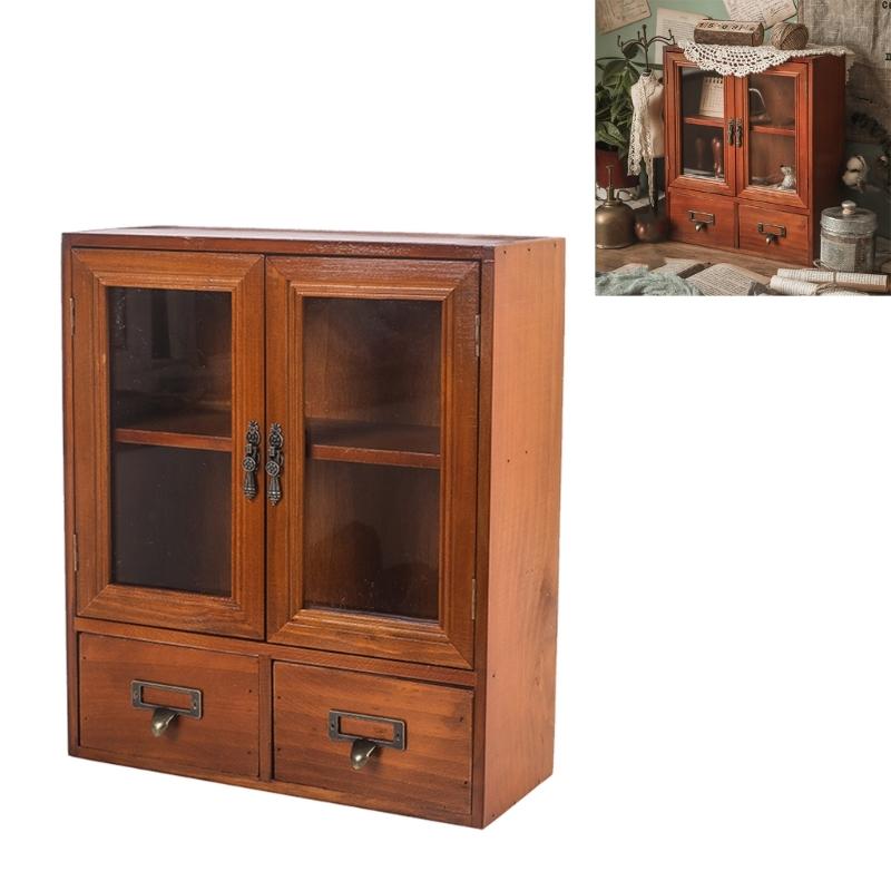 Wooden Desktop Organizers Cabinet with Glass Door for Cosmetics, Stationery, Small Kitchen Items and Decors Use