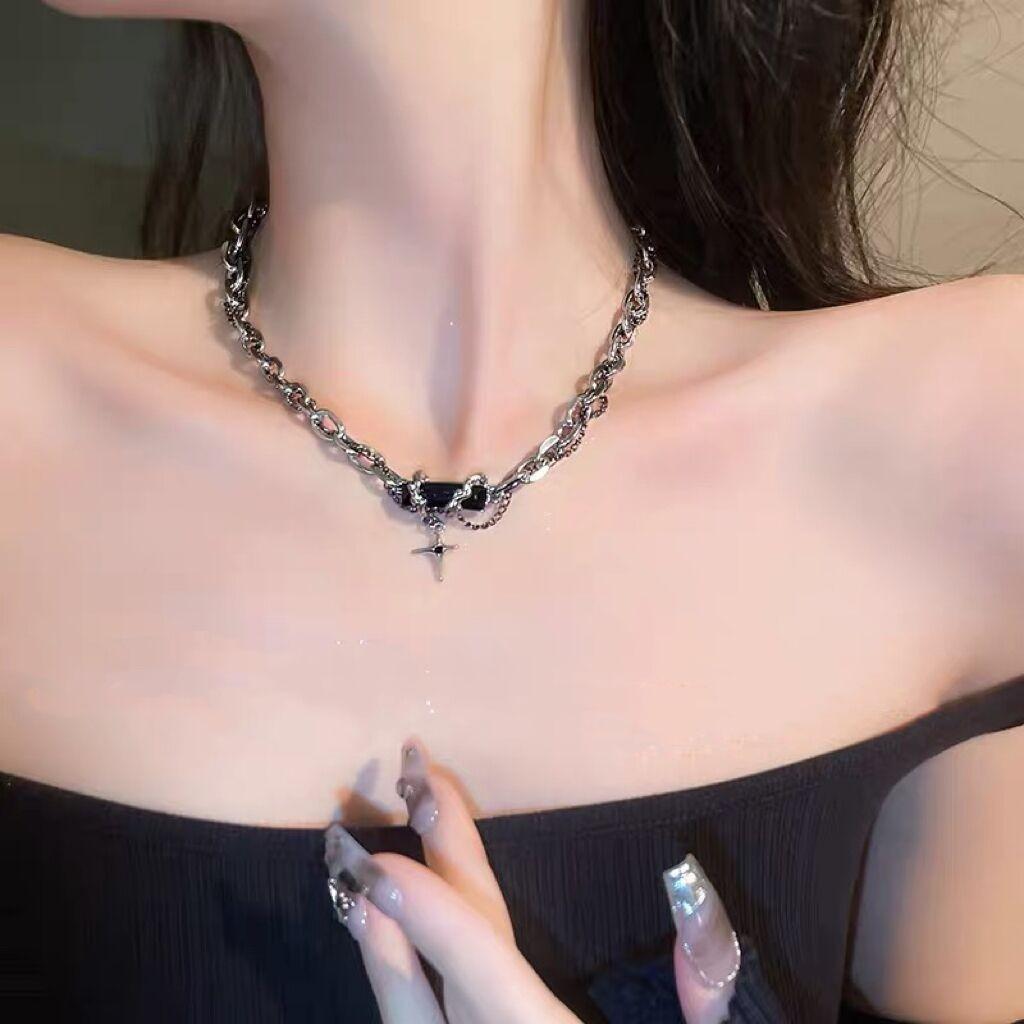 iF ME Wrapped Obsidian Cross Necklace Y2K Silver Clavicle Chain Choker for Women Jewelry Accessories