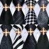 Barry.Wang Tie for Men Brooches Solid Black Striped Plaid Necktie Hanky Cufflinks Set Designer Formal