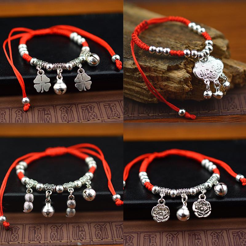 Simple Silver Retro Ethnic Style Anklet Female Beaded Red Rope Ankle Girl Accessories