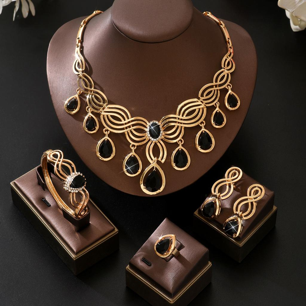 Fashionable and Exaggerated Diamond Studded Red and Black Water Droplet Necklace, Earrings, Rings, Bracelets, Four Piece Set