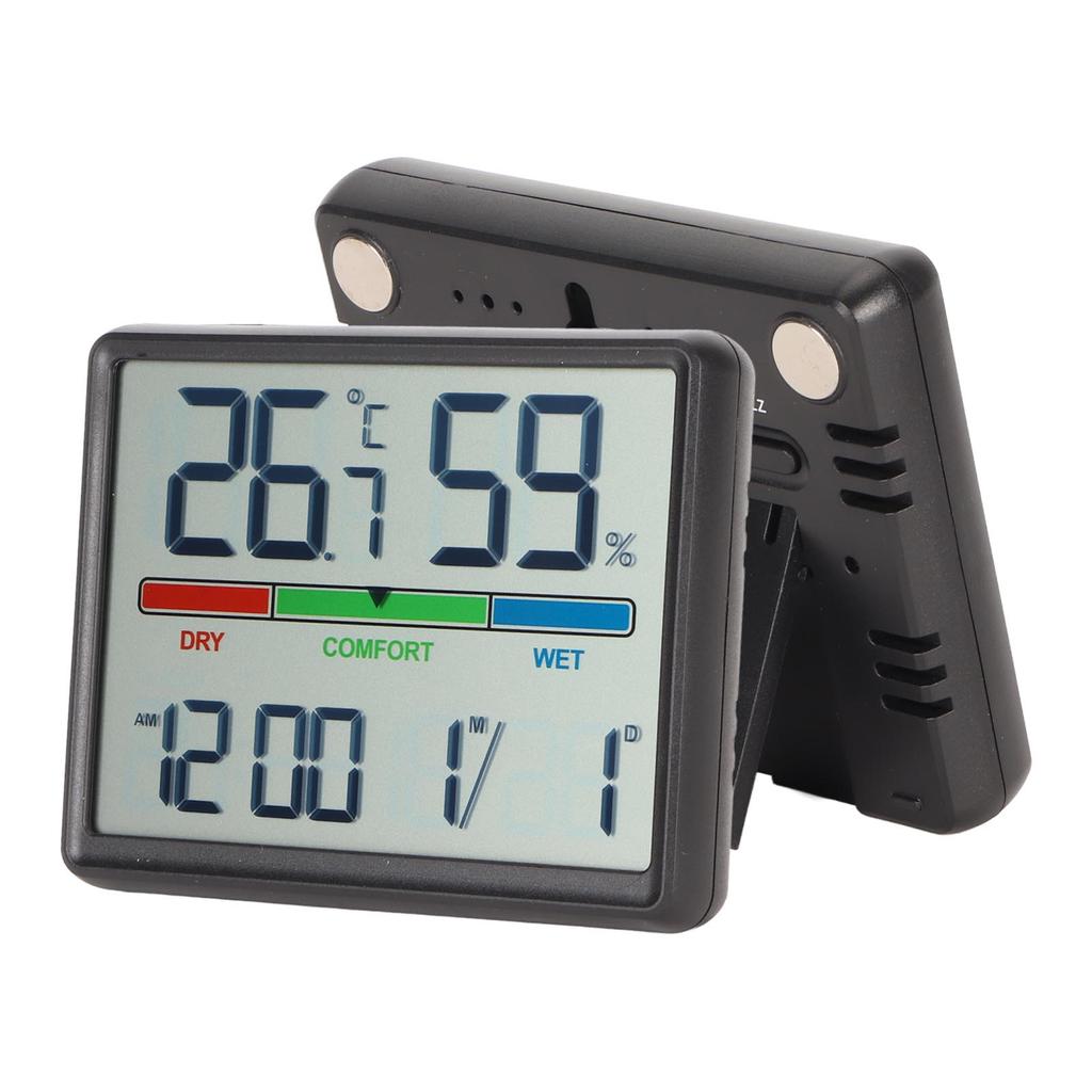 Digital Alarm Clock with Temperature and Humidity Display Magnetic Back Electronic Desktop Clock Black
