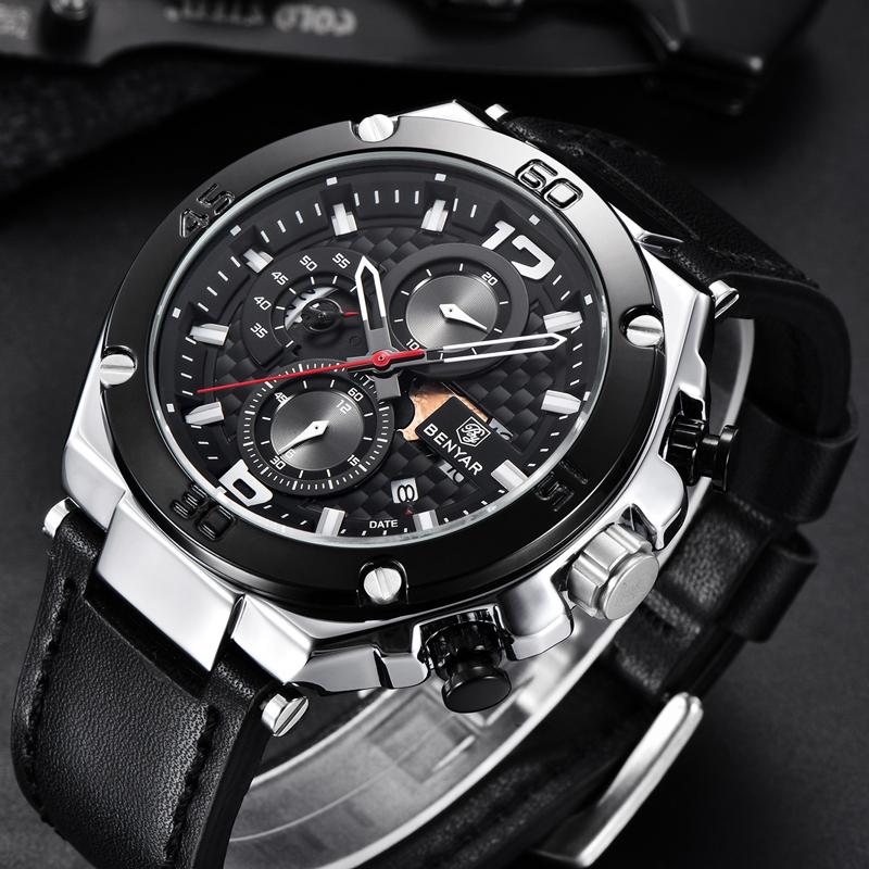 BENYAR Mens Quartz Sports Watches Men Leather Band Watch Men Waterproof Military Wristwatch