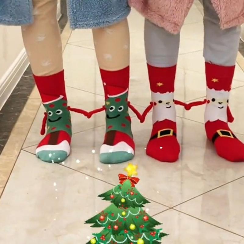 1 пара хлопковых чулок Санта Клауса и Рождественской елки, Рождественские магнитные носки, держащиеся за руки, Унисекс, Длинные носки, держащиеся за руки