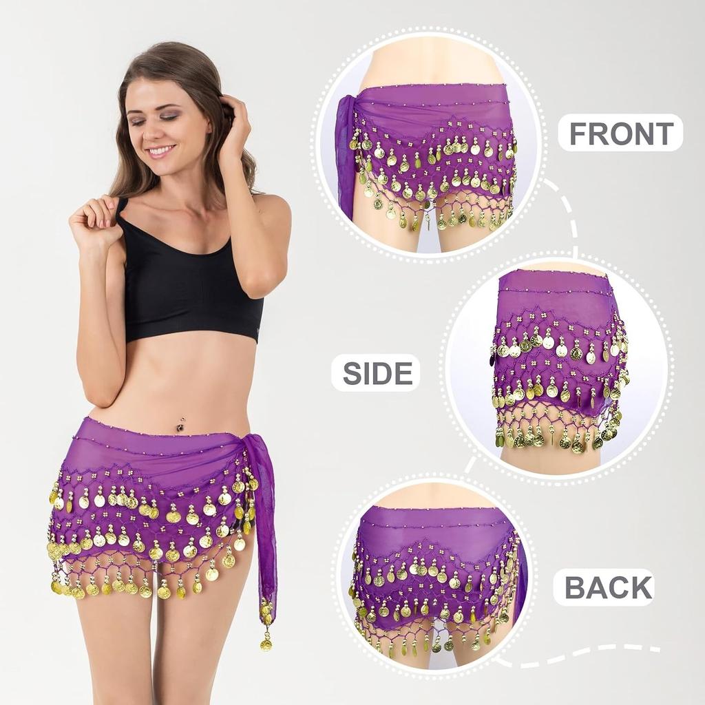 Belly Dance Hip Scarf, Women's Chiffon Belly Dancing Scarf with 128 Coins for Yoga Class